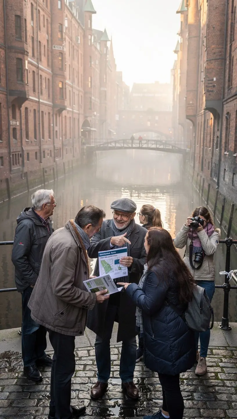 Geführte Stadtführung durch historische Straßen in Berlin mit informativem Reiseführer in der Hand.