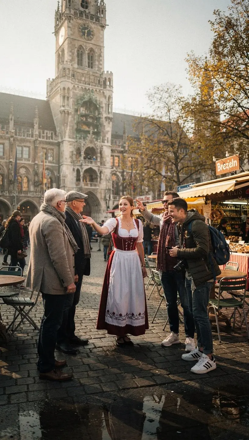 Touristen erkunden die lebendige Altstadt von München, begleitet von einem erfahrenen Stadtführer.