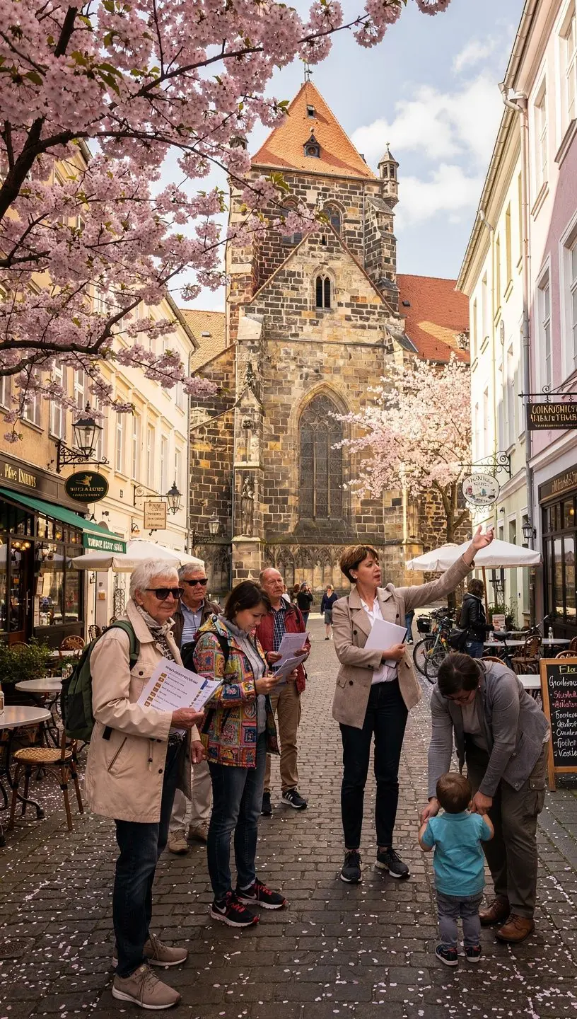 Gruppe von Besuchern hört aufmerksam einem Stadtführer vor einem bekannten Denkmal in Berlin zu.